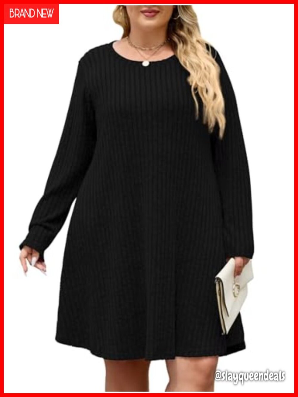 Plus Size Long Sleeve Crew Neck Sweater Dress with Pockets Knee Length